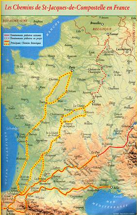 Carte des 3 topoguides Sentiers de Saint-Jacques de Compostelle de la FFRP (d. 2001).